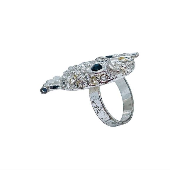 Owl Silvertone Rhinestone Ring Size 6 - Picture 5 of 8